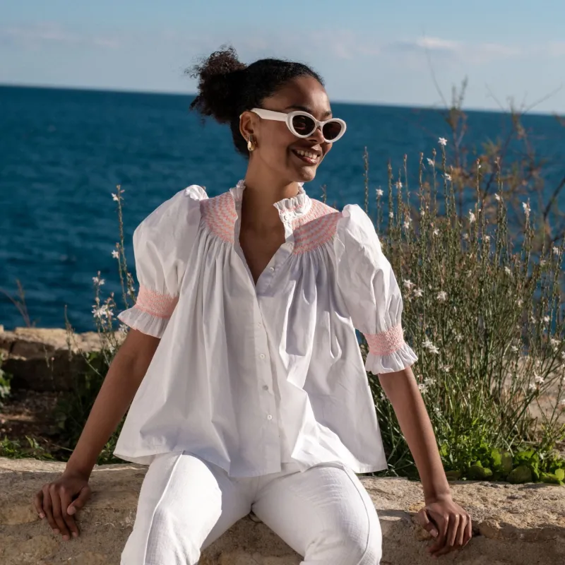 Scholl Women's Summer Blouse White with Coral Hand Smocking sold by Smock London