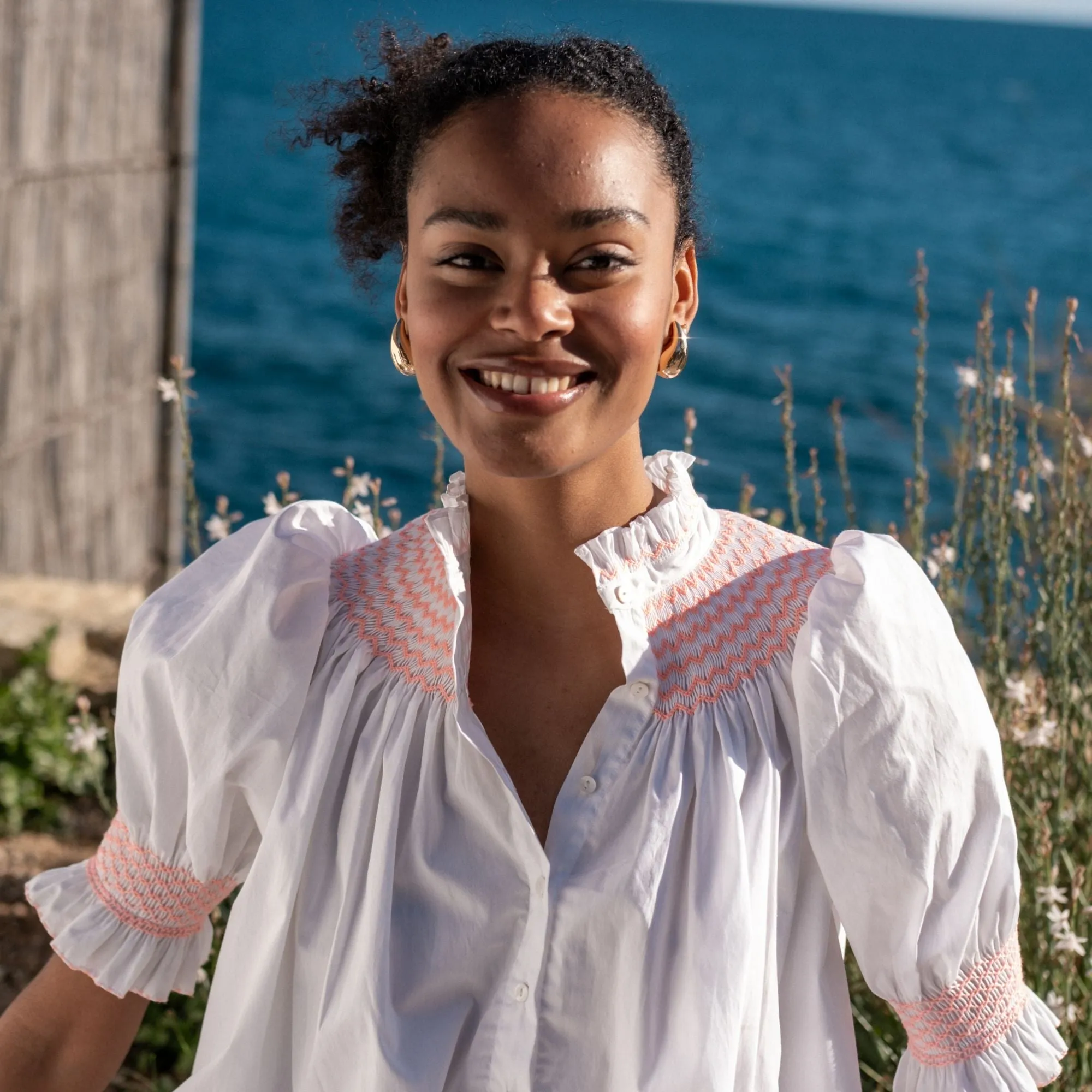 Scholl Women's Summer Blouse White with Coral Hand Smocking sold by Smock London product image thumbnail 2