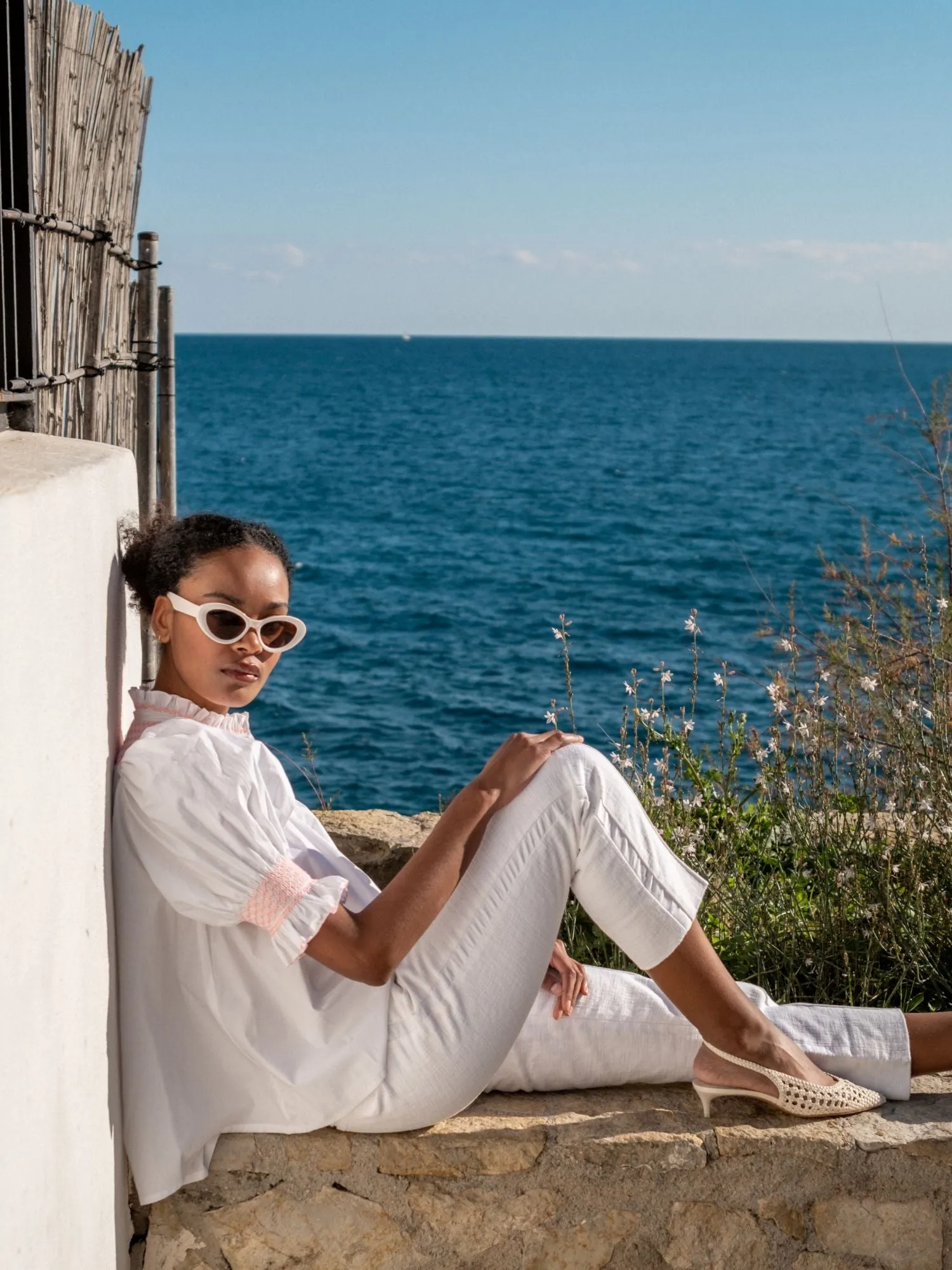 Scholl Women's Summer Blouse White with Coral Hand Smocking sold by Smock London product image thumbnail 3