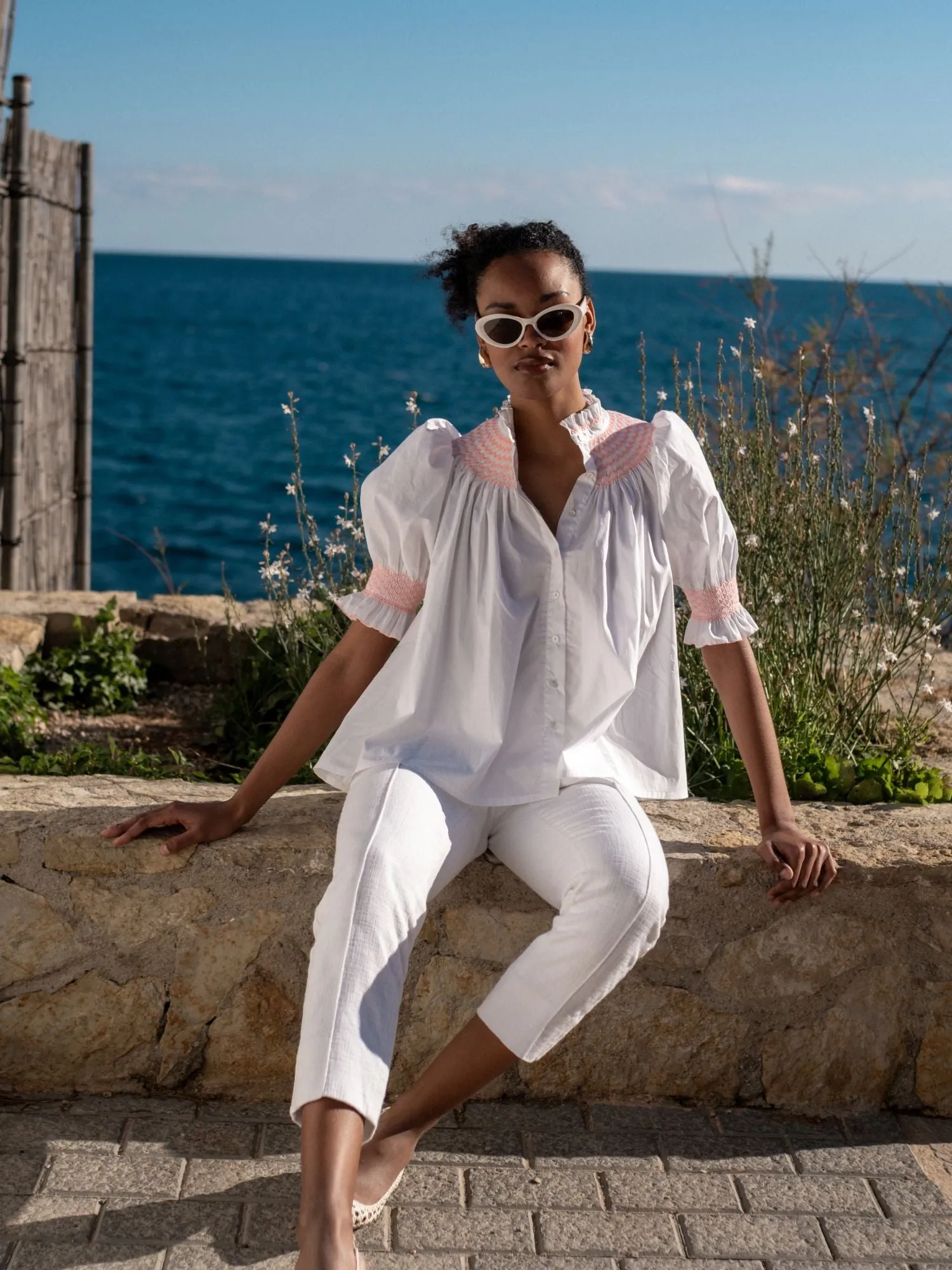 Scholl Women's Summer Blouse White with Coral Hand Smocking sold by Smock London product image thumbnail 4