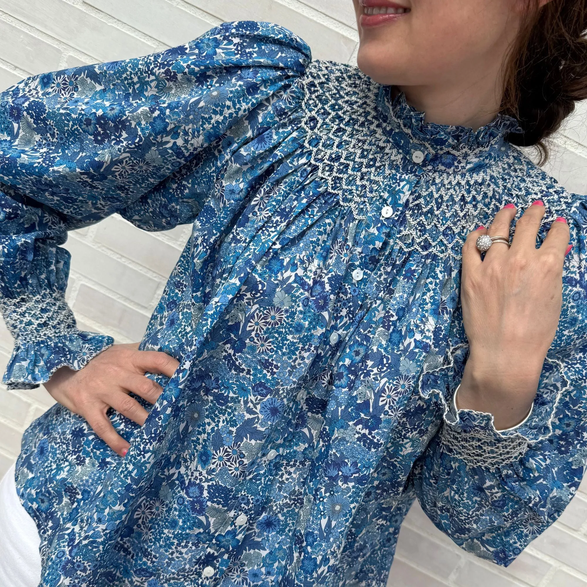 Scholl Blouse with White Horses Hand Smocking Made With Liberty Margaret Annie Edition 42 sold by Smock London