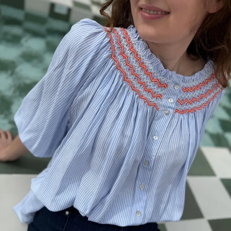 Cleopatra Blouse Summer Skies Cotton with You’ve Been Tango’d Hand Smocking Edition 24 sold by Smock London