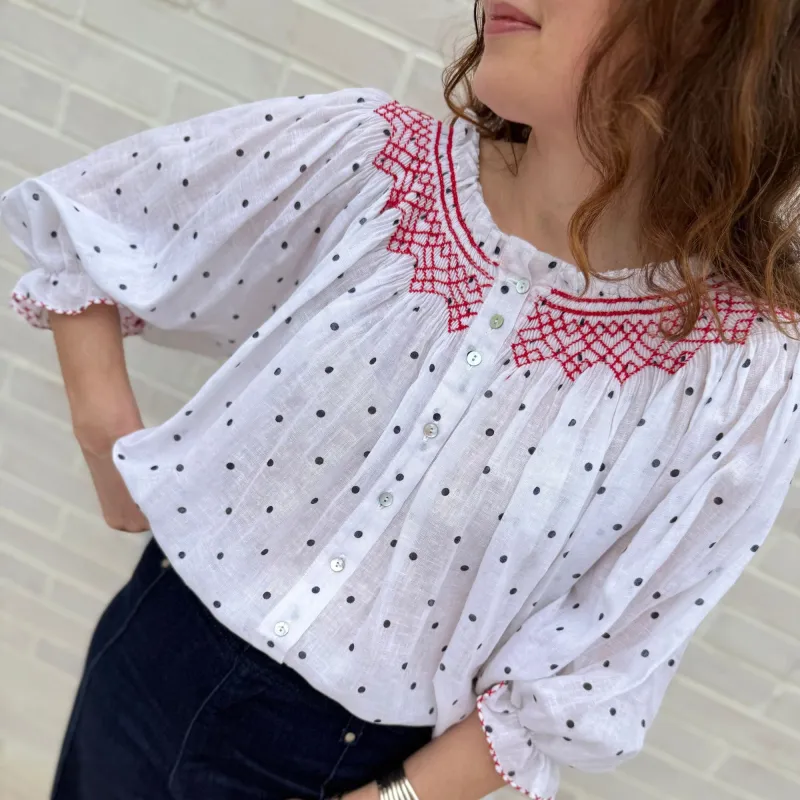 Cleopatra Blouse Domino Spots with Hot Lips Hand Smocking Edition 23 sold by Smock London