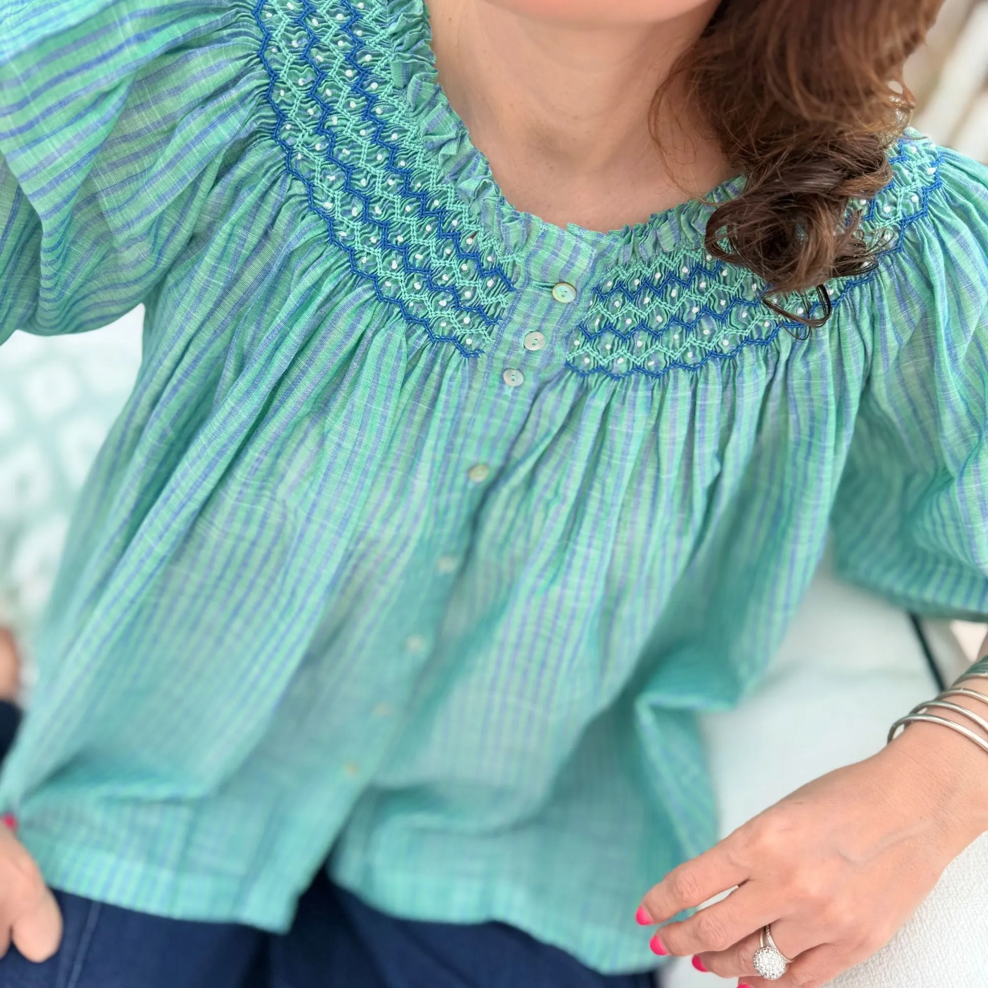 Cleopatra Blouse Islands in the Stream Cotton with Land and Sea Hand Smocking Edition 22 sold by Smock London