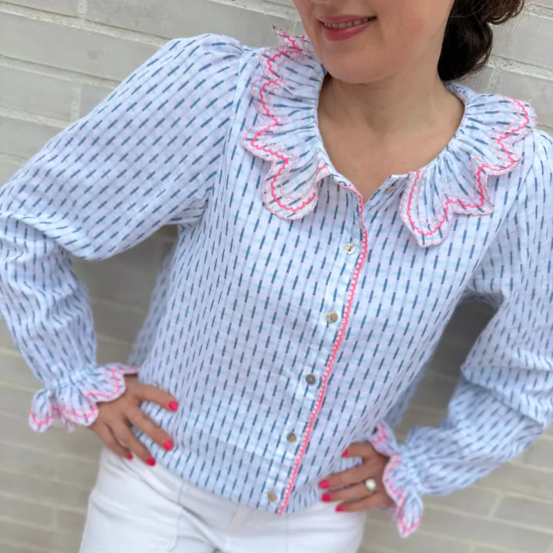 XS Bronte Blouse Skyscraper Stripes with Strawberrylicious Embroidery sold by Smock London