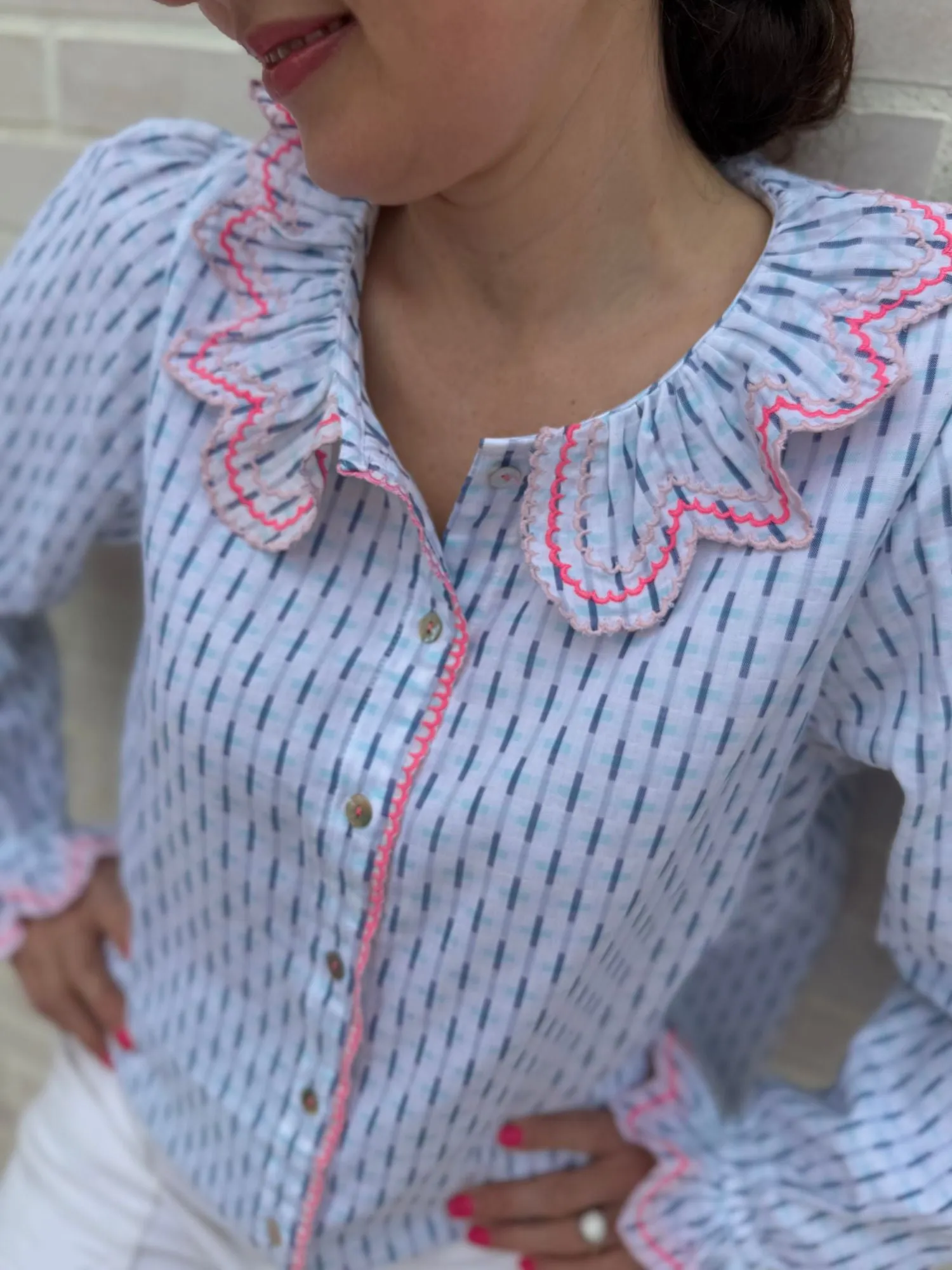 XS Bronte Blouse Skyscraper Stripes with Strawberrylicious Embroidery sold by Smock London product image thumbnail 3