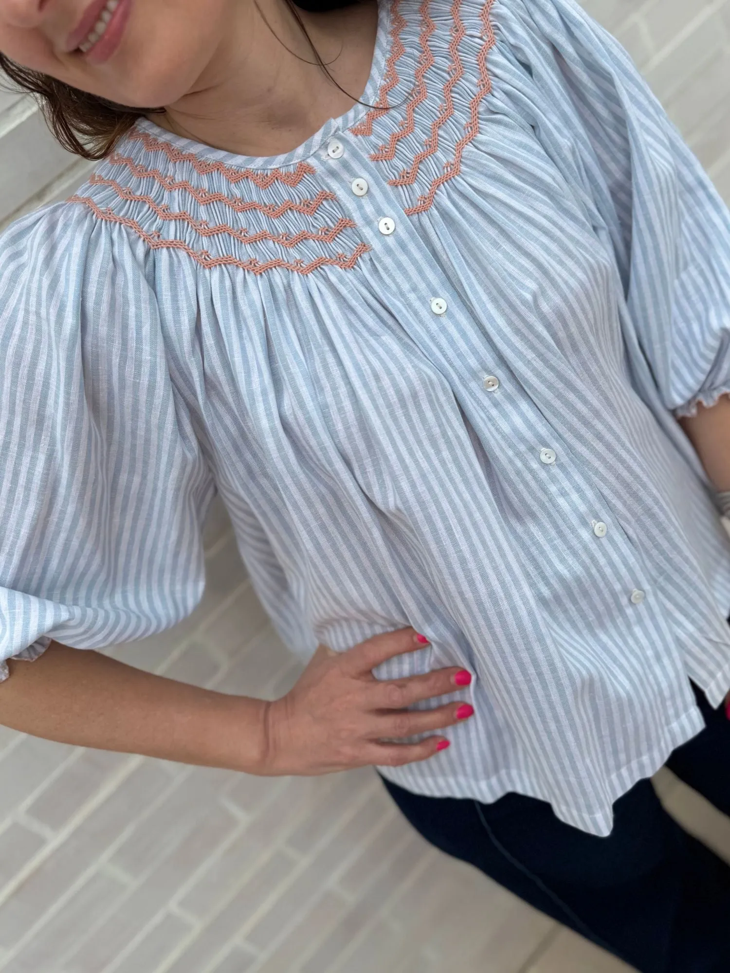 Cleopatra Blouse Oyster Bay Stripes with Bellini Hand Smocking Edition 18 sold by Smock London product image thumbnail 4