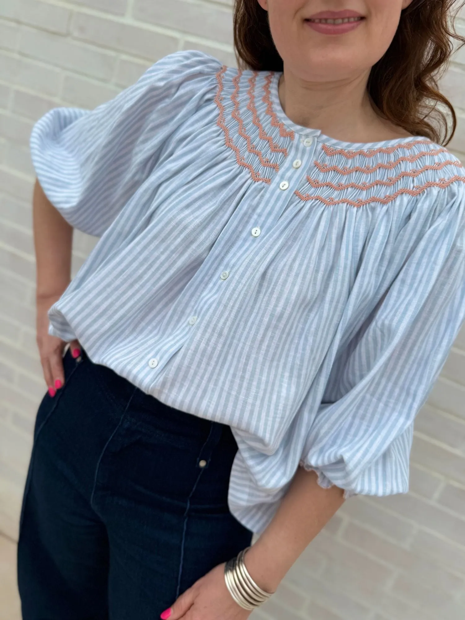 Cleopatra Blouse Oyster Bay Stripes with Bellini Hand Smocking Edition 18 sold by Smock London product image thumbnail 3