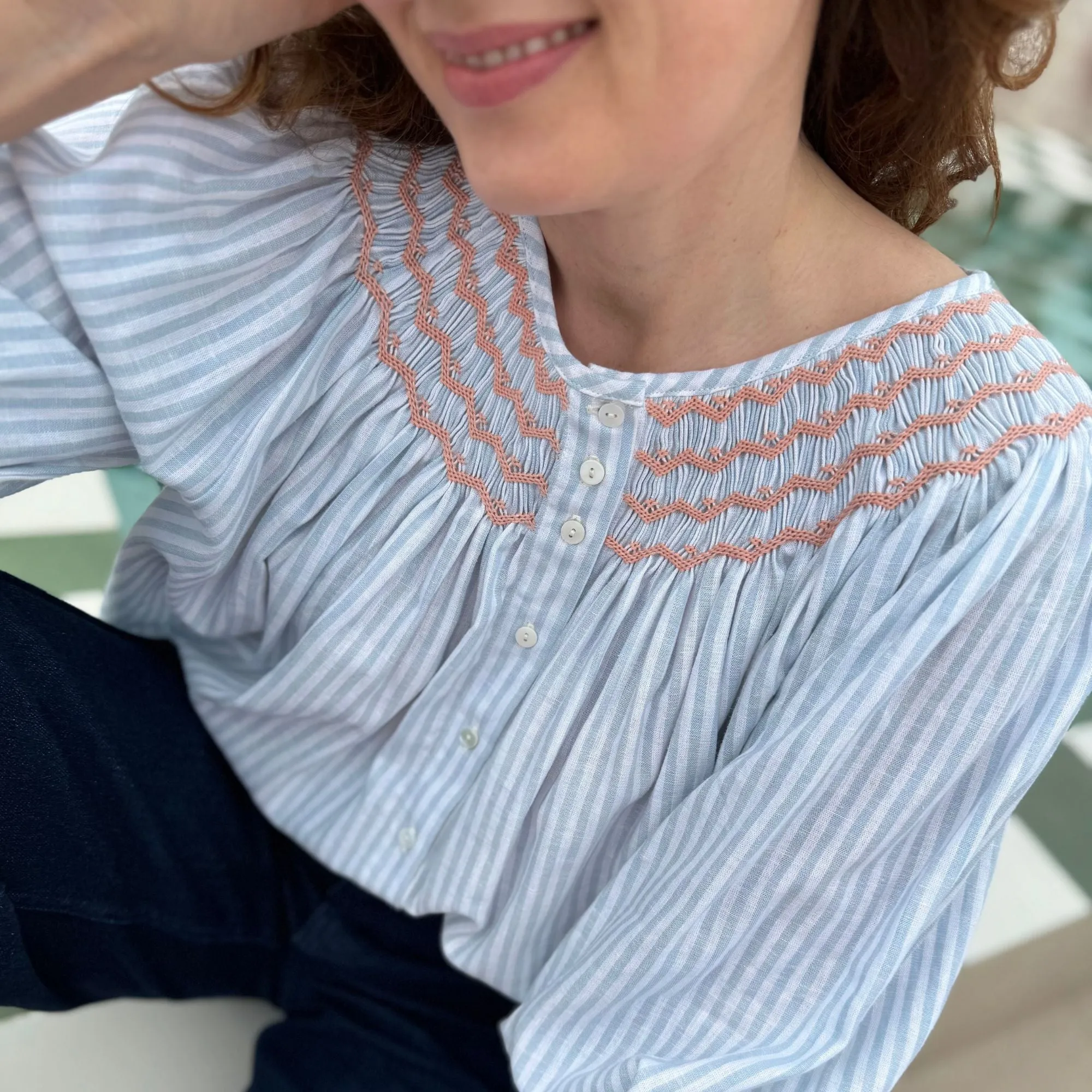 Cleopatra Blouse Oyster Bay Stripes with Bellini Hand Smocking Edition 18 sold by Smock London