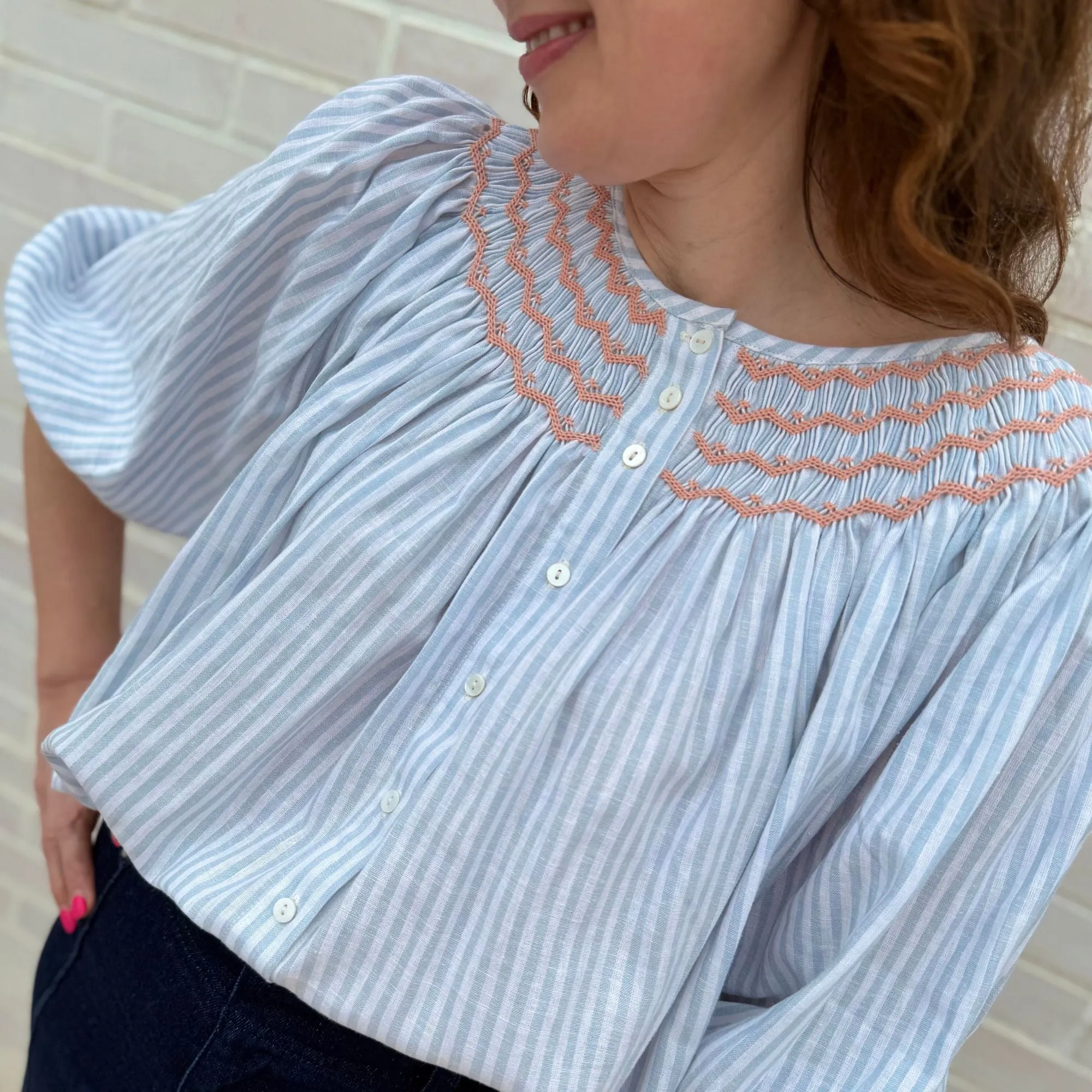 Cleopatra Blouse Oyster Bay Stripes with Bellini Hand Smocking Edition 18 sold by Smock London product image thumbnail 2