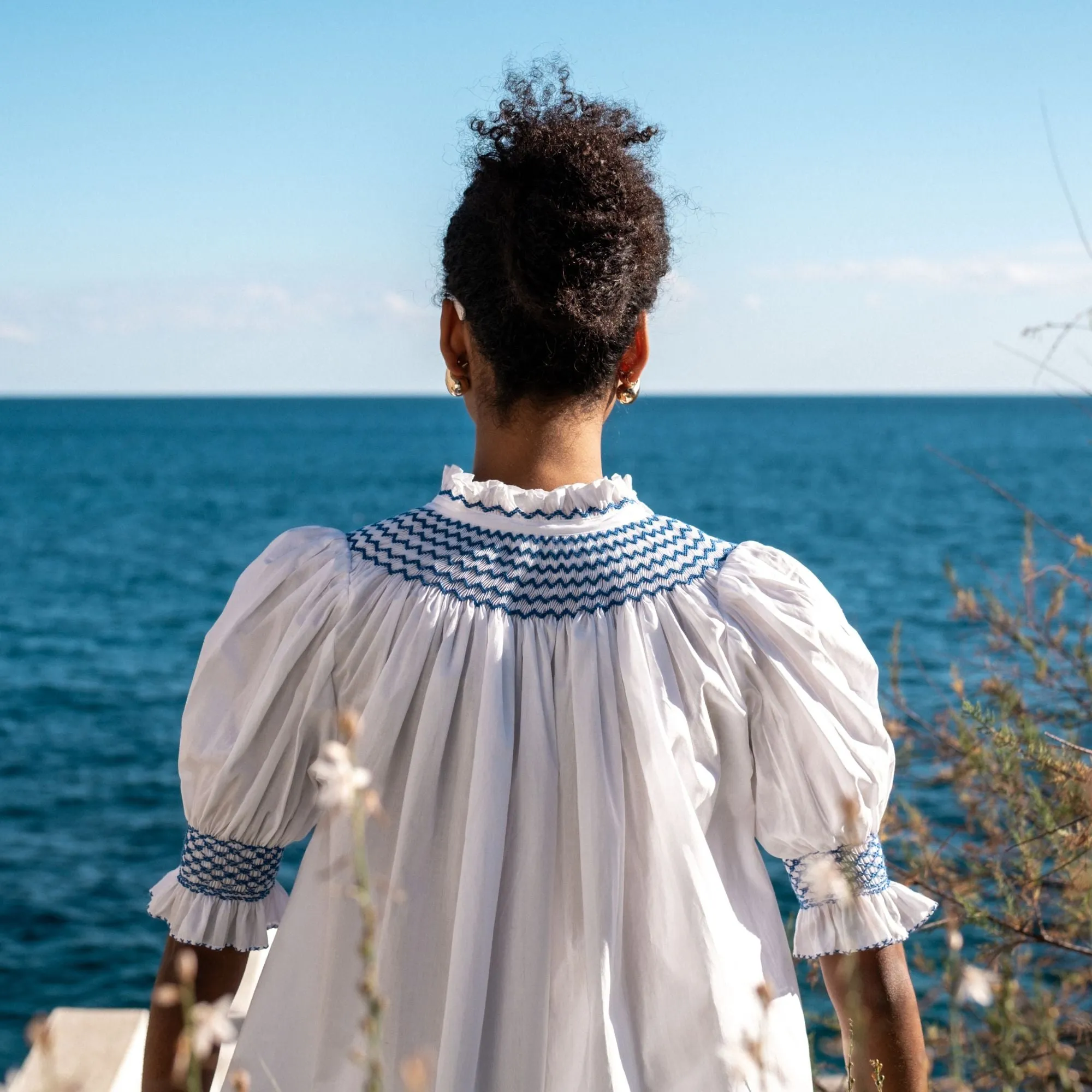 Scholl Women's Summer Blouse White with Sapphire Hand Smocking sold by Smock London product image thumbnail 2