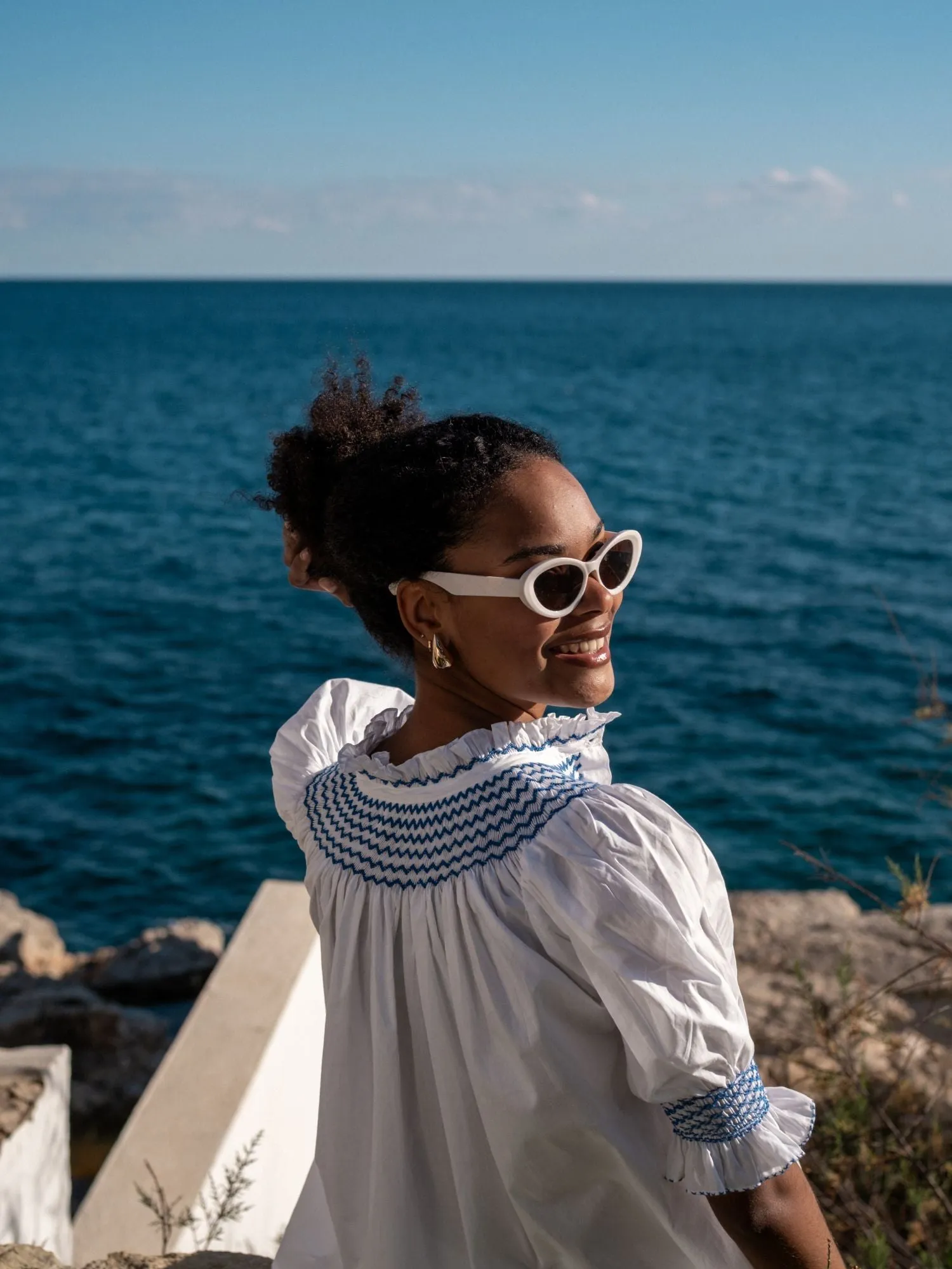 Scholl Women's Summer Blouse White with Sapphire Hand Smocking sold by Smock London product image thumbnail 4