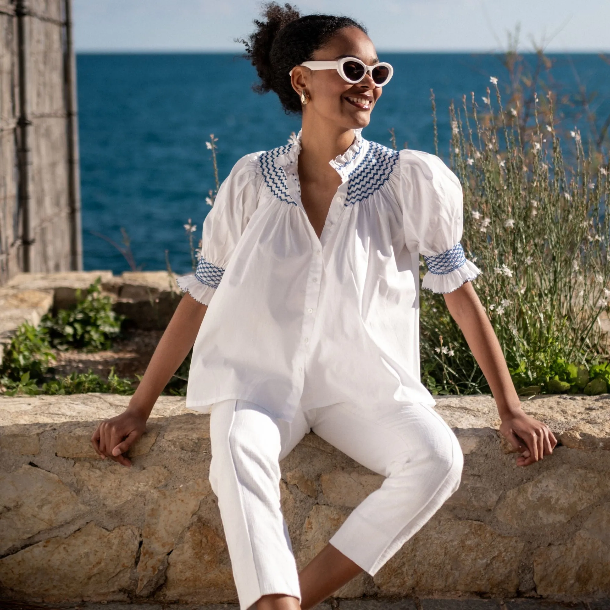 Scholl Women's Summer Blouse White with Sapphire Hand Smocking sold by Smock London product image thumbnail 3