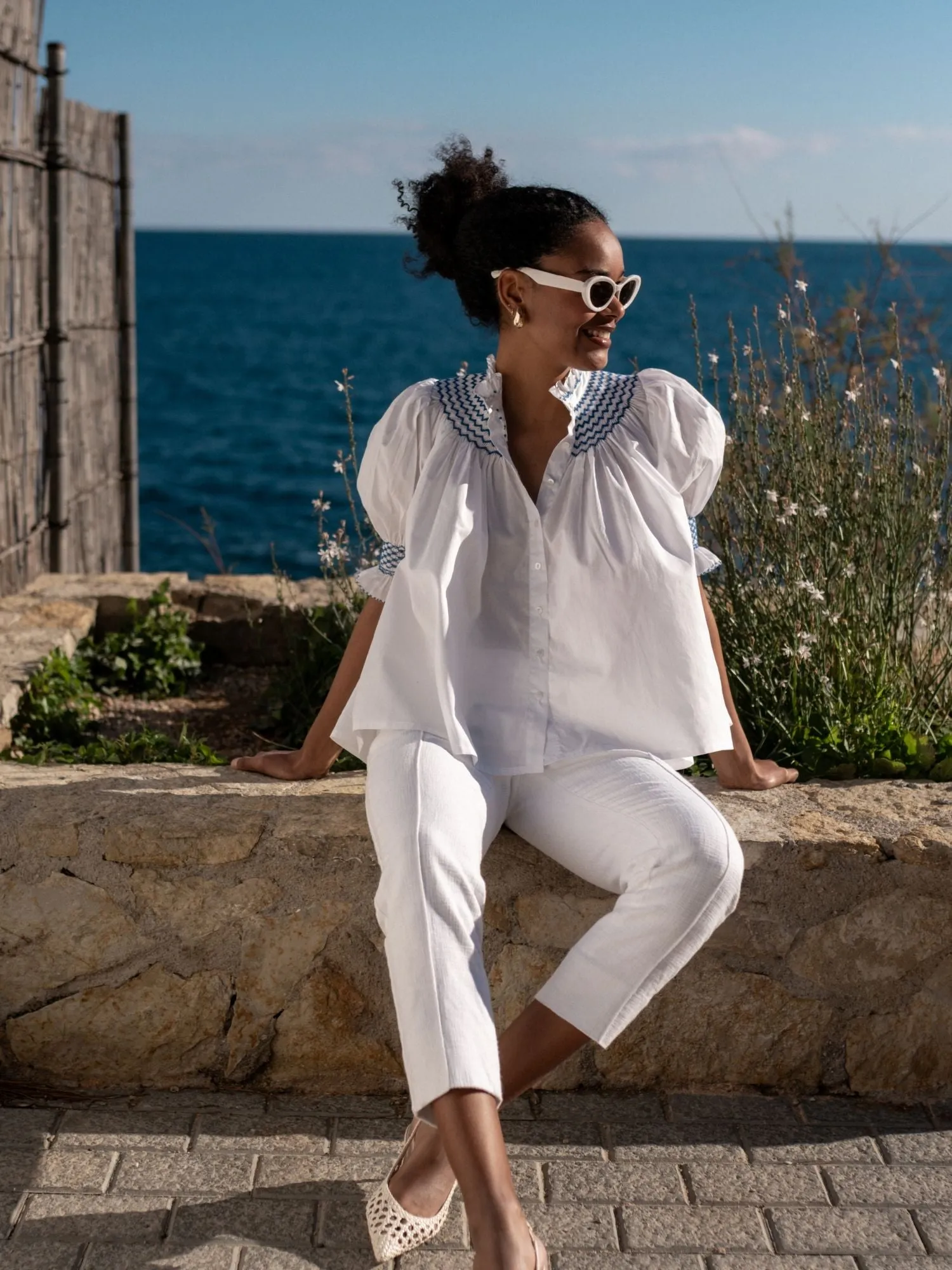 Scholl Women's Summer Blouse White with Sapphire Hand Smocking sold by Smock London product image thumbnail 5