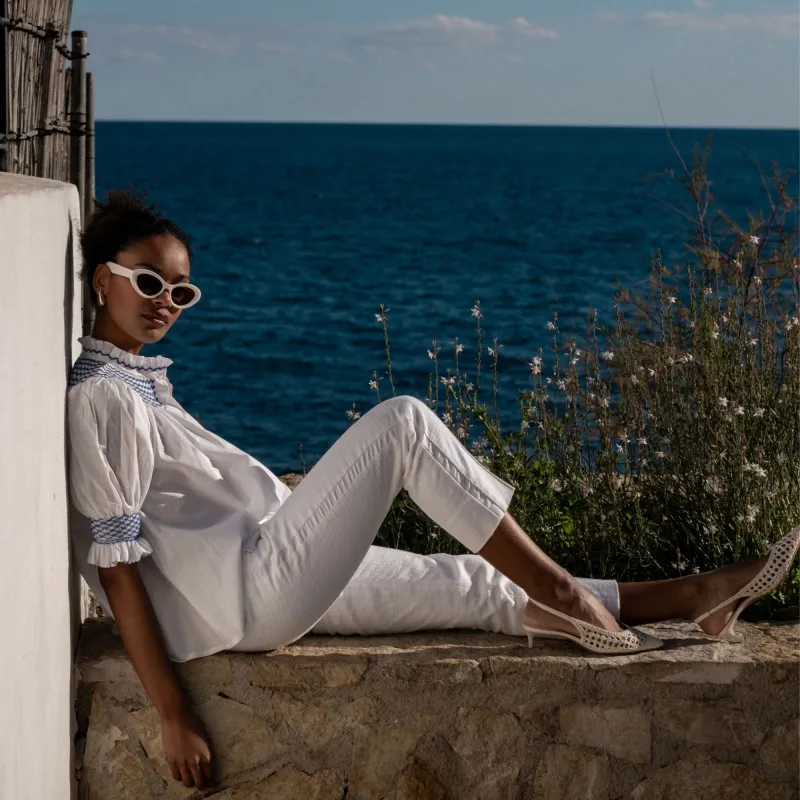 Scholl Women's Summer Blouse White with Sapphire Hand Smocking sold by Smock London