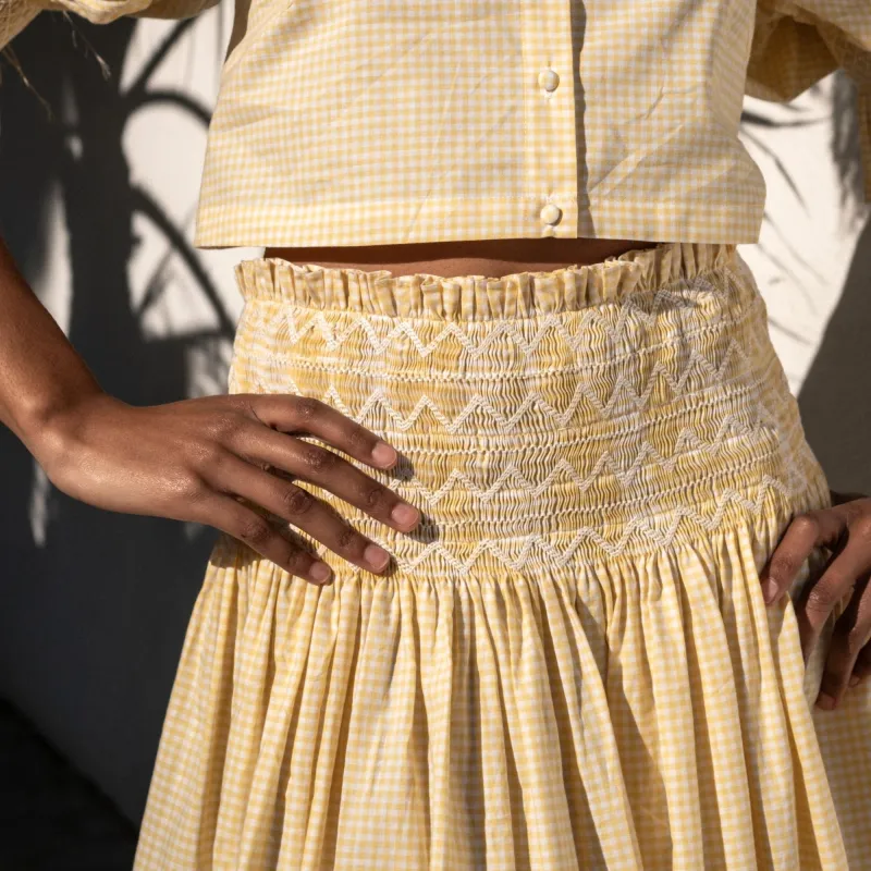 Sullivan Skirt Sicilian Buttercup check with Sorbet Hand Smocking sold by Smock London