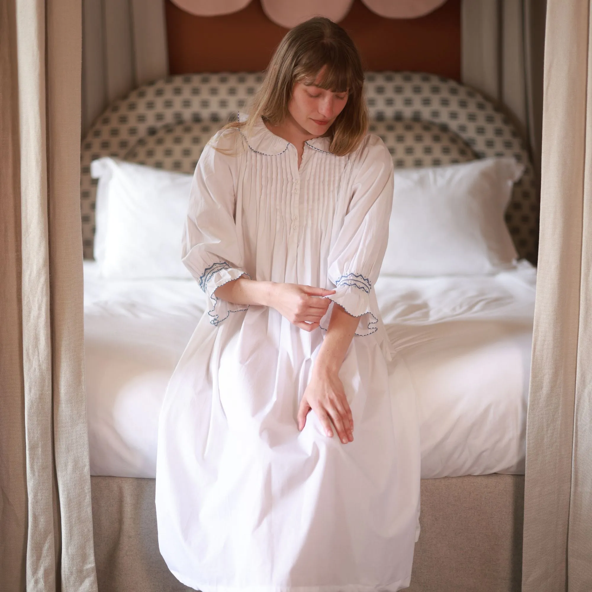 Bessie Coleman Women's Dress Moonstone Cotton with Sapphire Hand Smocking sold by Smock London