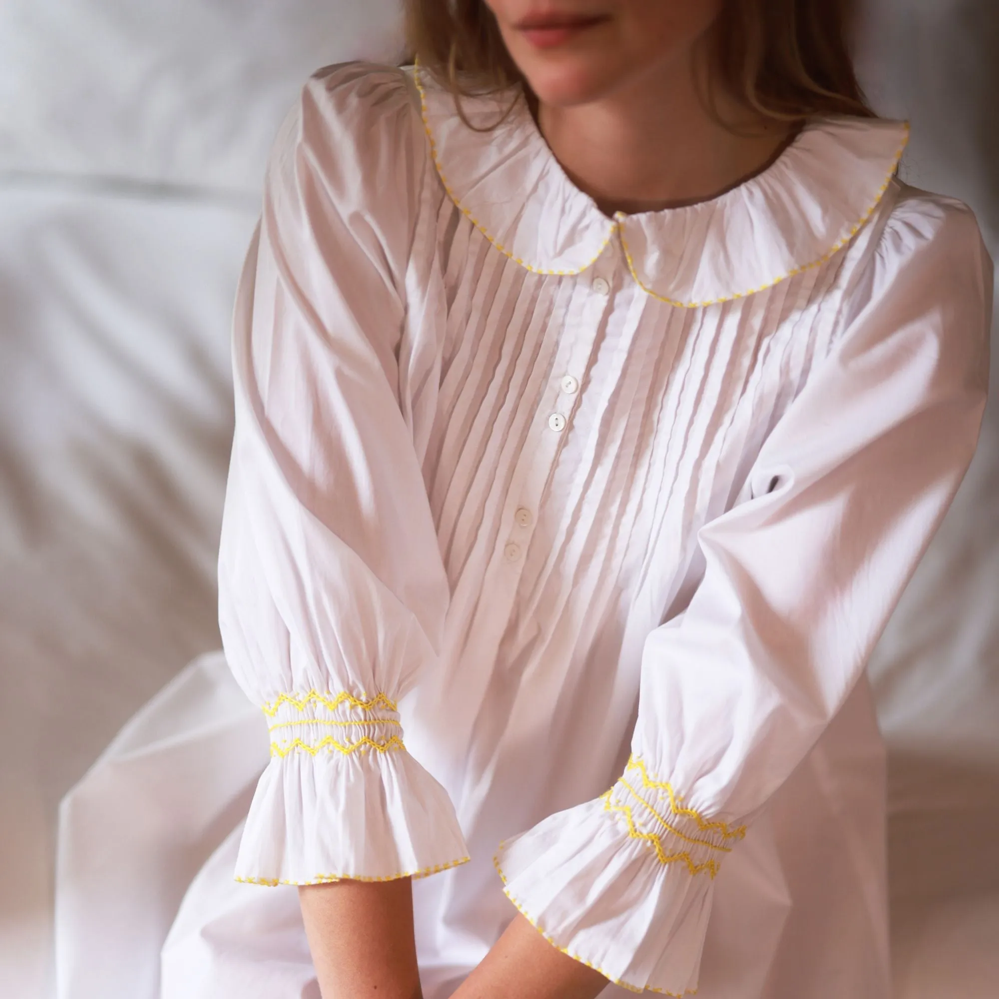 Bessie Coleman Women's Dress Moonstone Cotton with Sunshine Hand Smocking sold by Smock London