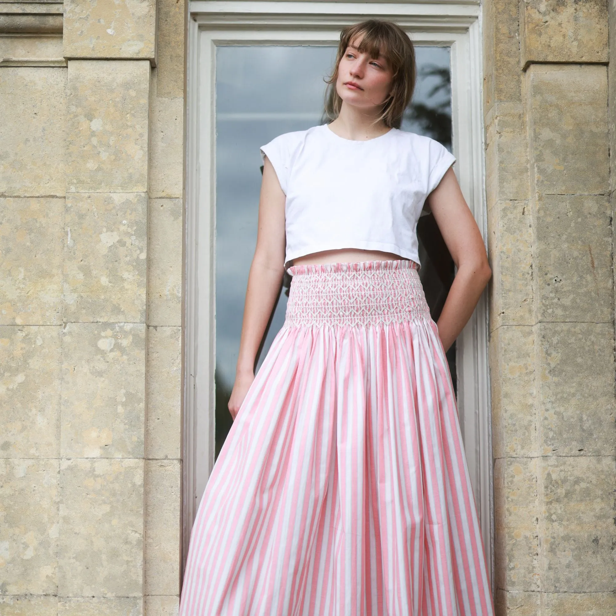 M/L Sullivan Skirt Clubhouse Stripes with Sorbet Hand Smocking sold by Smock London