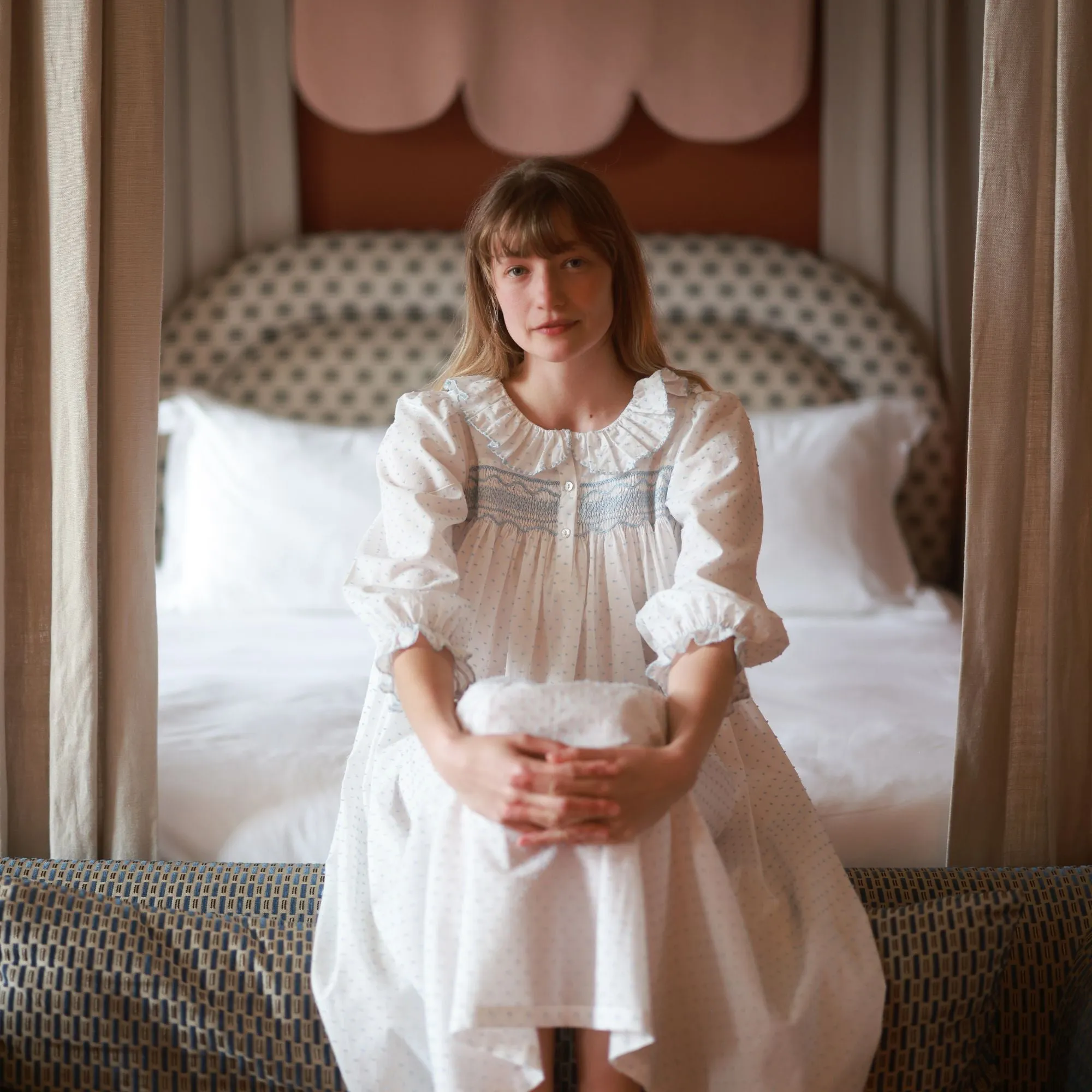 Nightingale Women's Dress Forget Me Not Plumetti with Delphinium Hand Smocking sold by Smock London