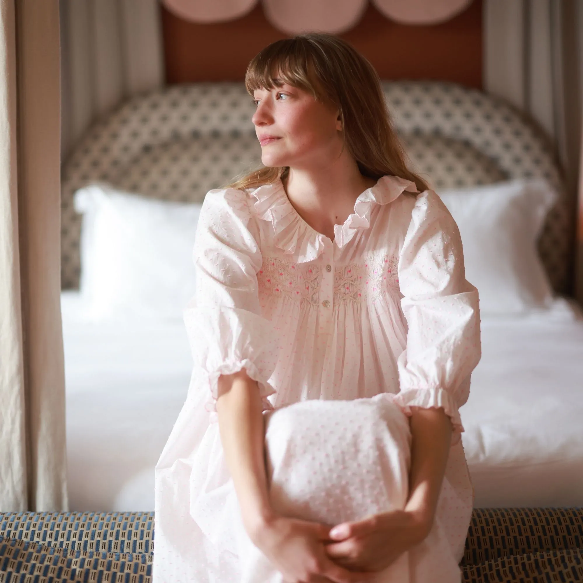 Nightingale Women's Dress Powder Puff Plumetti with Marshmallow Hand Smocking sold by Smock London