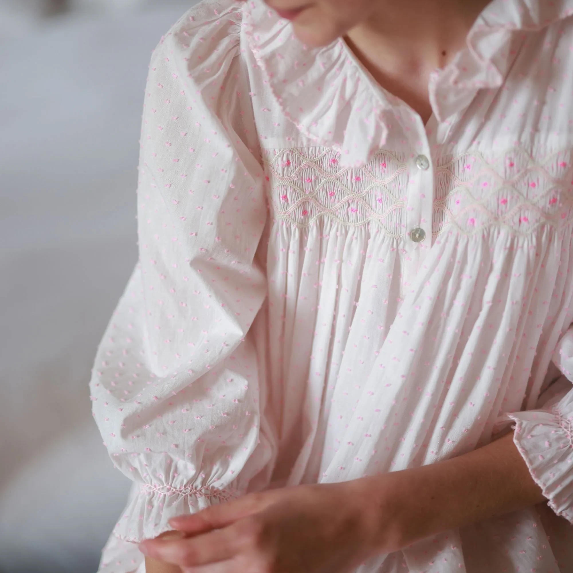 Nightingale Women's Dress Powder Puff Plumetti with Marshmallow Hand Smocking sold by Smock London product image thumbnail 3