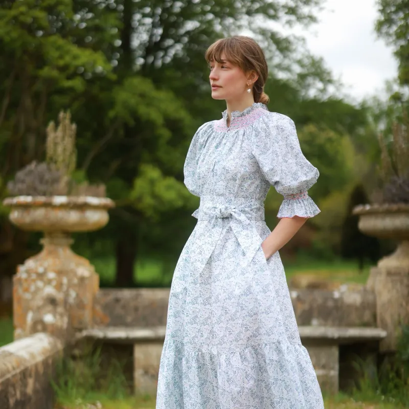 M/L Ada Lovelace Dress Flower Field Linen with Cherry Blossom Hand Smocking sold by Smock London