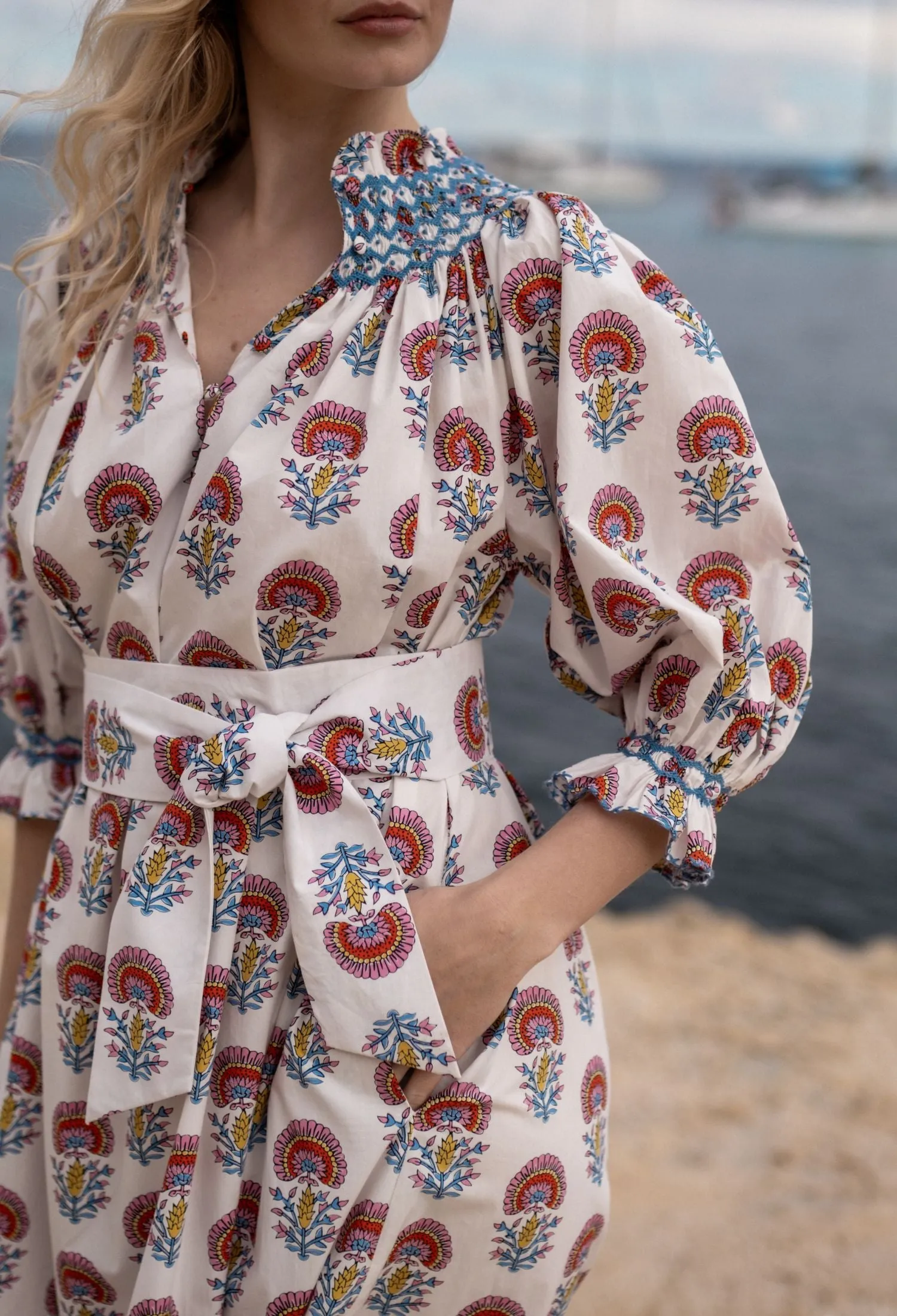 Ada Lovelace Dress Rainbow Marigold with Delft Blue Hand Smocking sold by Smock London product image thumbnail 3