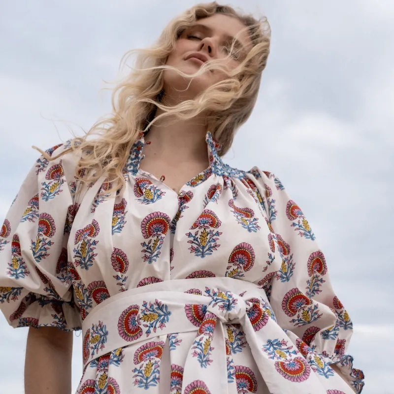 Ada Lovelace Dress Rainbow Marigold with Delft Blue Hand Smocking sold by Smock London