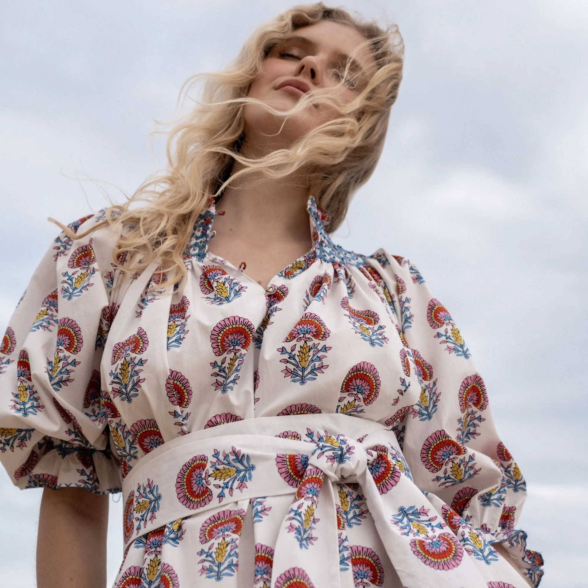 Ada Lovelace Dress Rainbow Marigold with Delft Blue Hand Smocking sold by Smock London