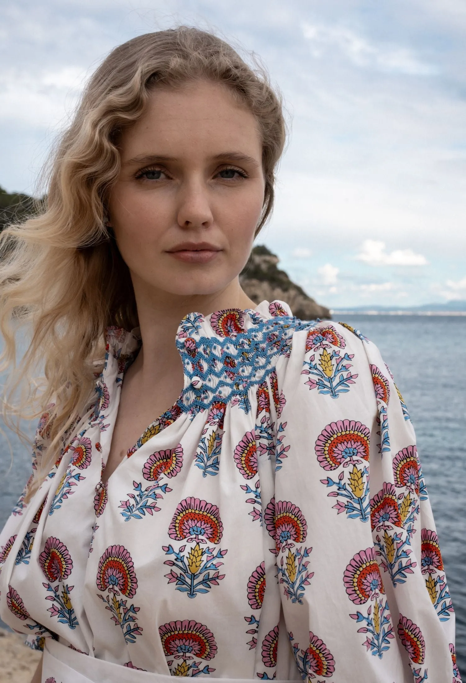 Ada Lovelace Dress Rainbow Marigold with Delft Blue Hand Smocking sold by Smock London product image thumbnail 5