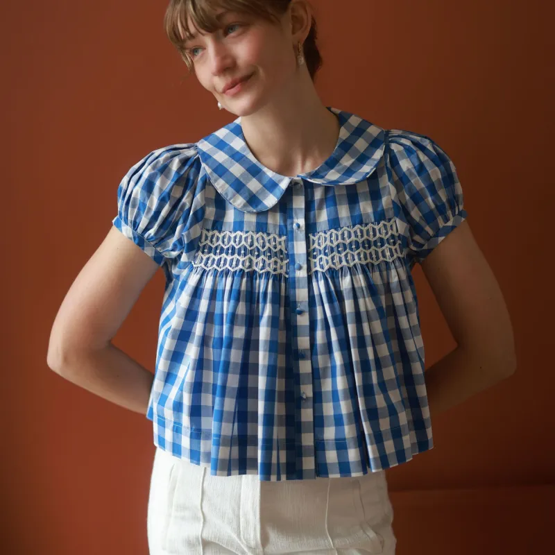 Marie Curie Blouse School House Check with Milk Hand Smocking sold by Smock London