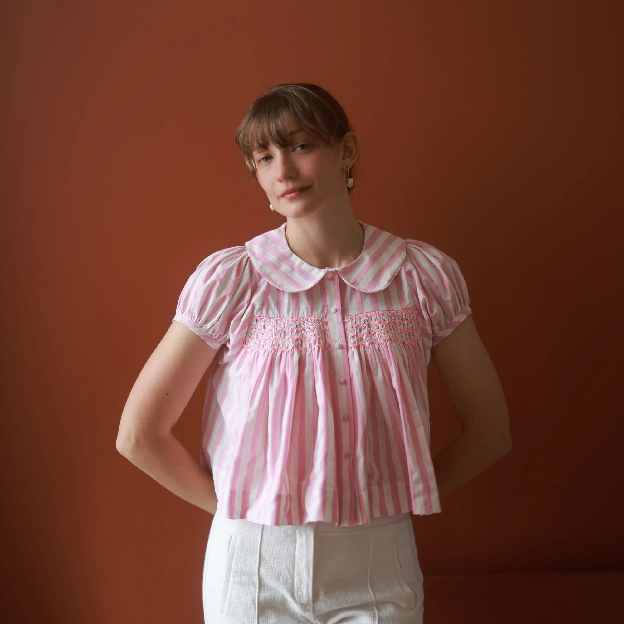 Marie Curie Blouse Bubblegum Stripe with Strawberry Daiquiri Hand Smocking sold by Smock London product image thumbnail 3