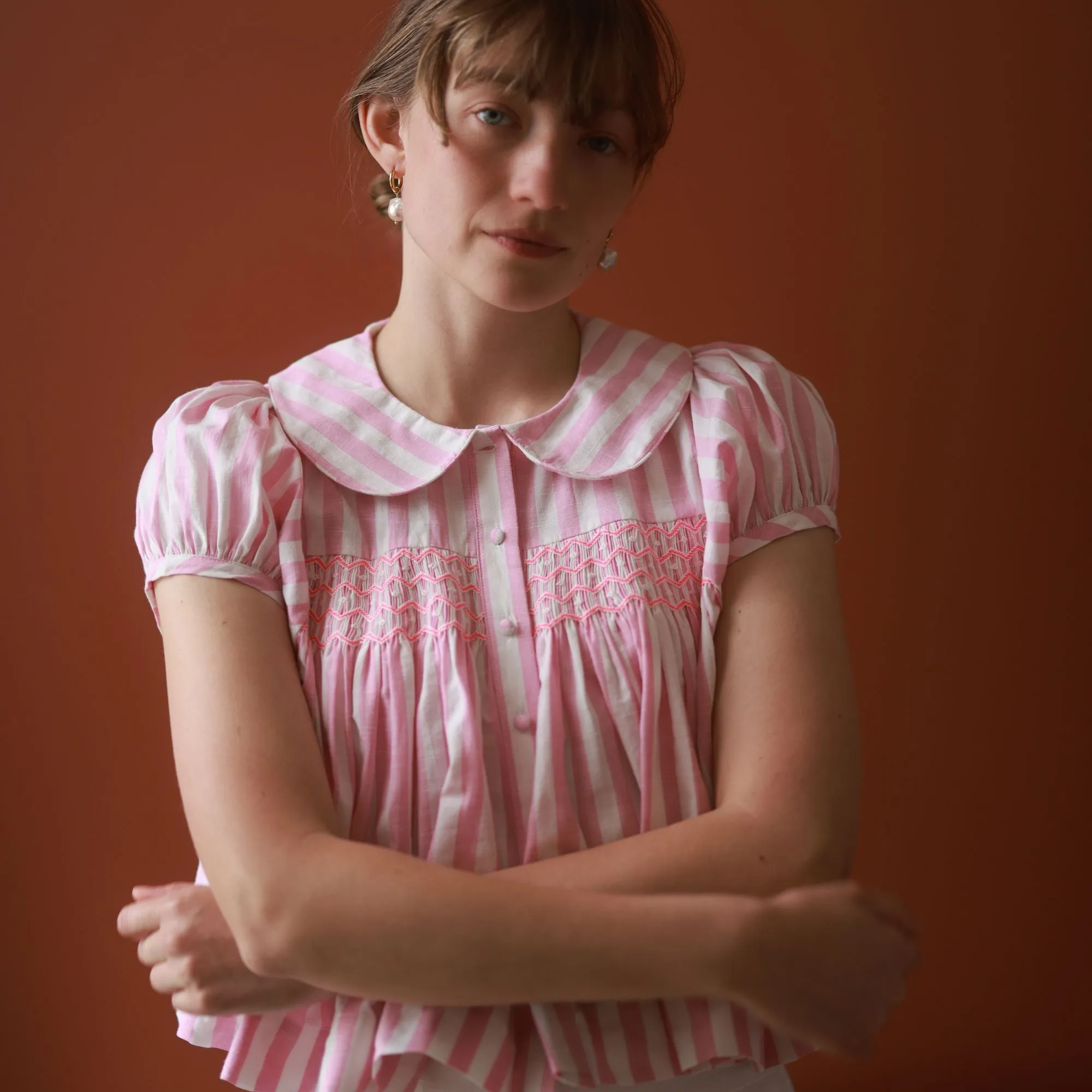 Marie Curie Blouse Bubblegum Stripe with Strawberry Daiquiri Hand Smocking sold by Smock London product image thumbnail 2