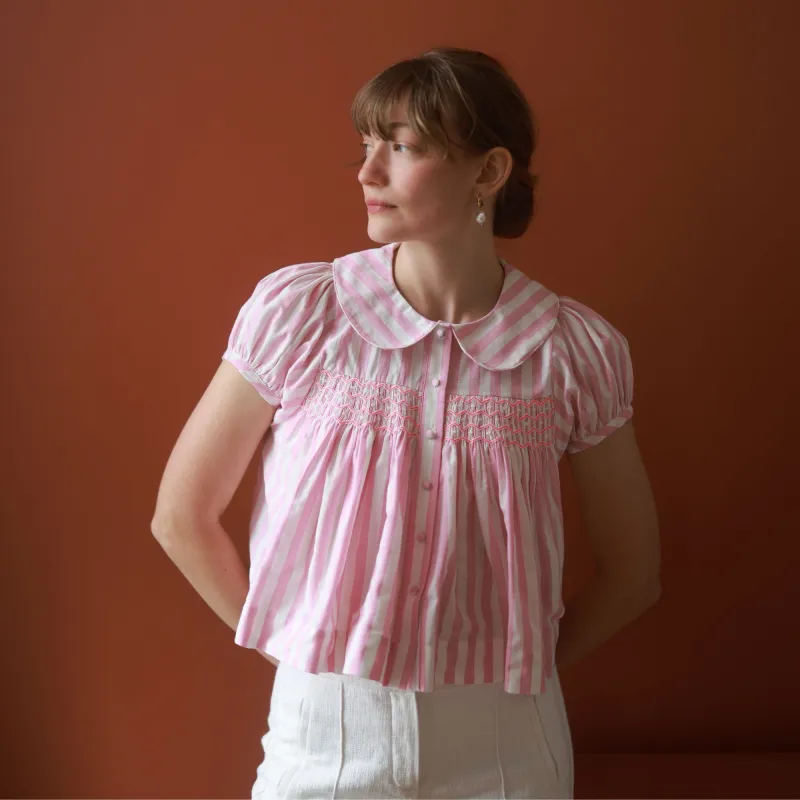 Marie Curie Blouse Bubblegum Stripe with Strawberry Daiquiri Hand Smocking sold by Smock London
