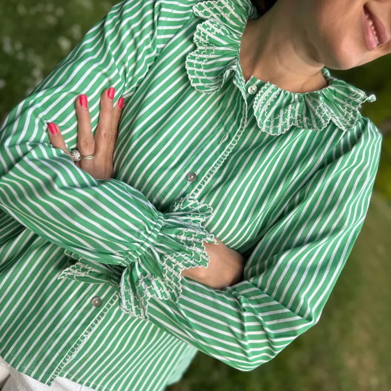 Bronte Blouse Kelly Green Stripes with Sea Spray Embroidery sold by Smock London