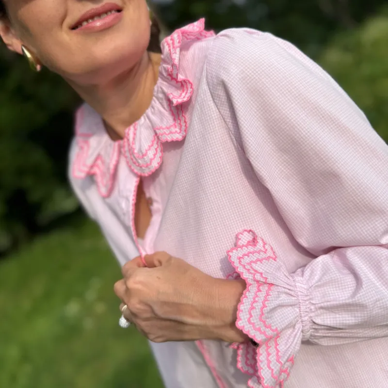 Large Bronte Blouse It’s a Girl Check with Barbilicious Embroidery sold by Smock London