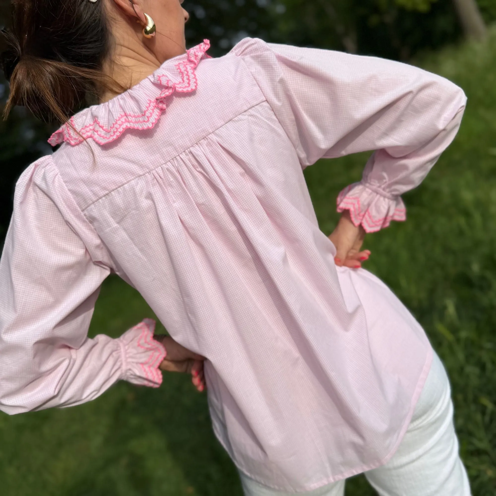 Large Bronte Blouse It’s a Girl Check with Barbilicious Embroidery sold by Smock London product image thumbnail 3