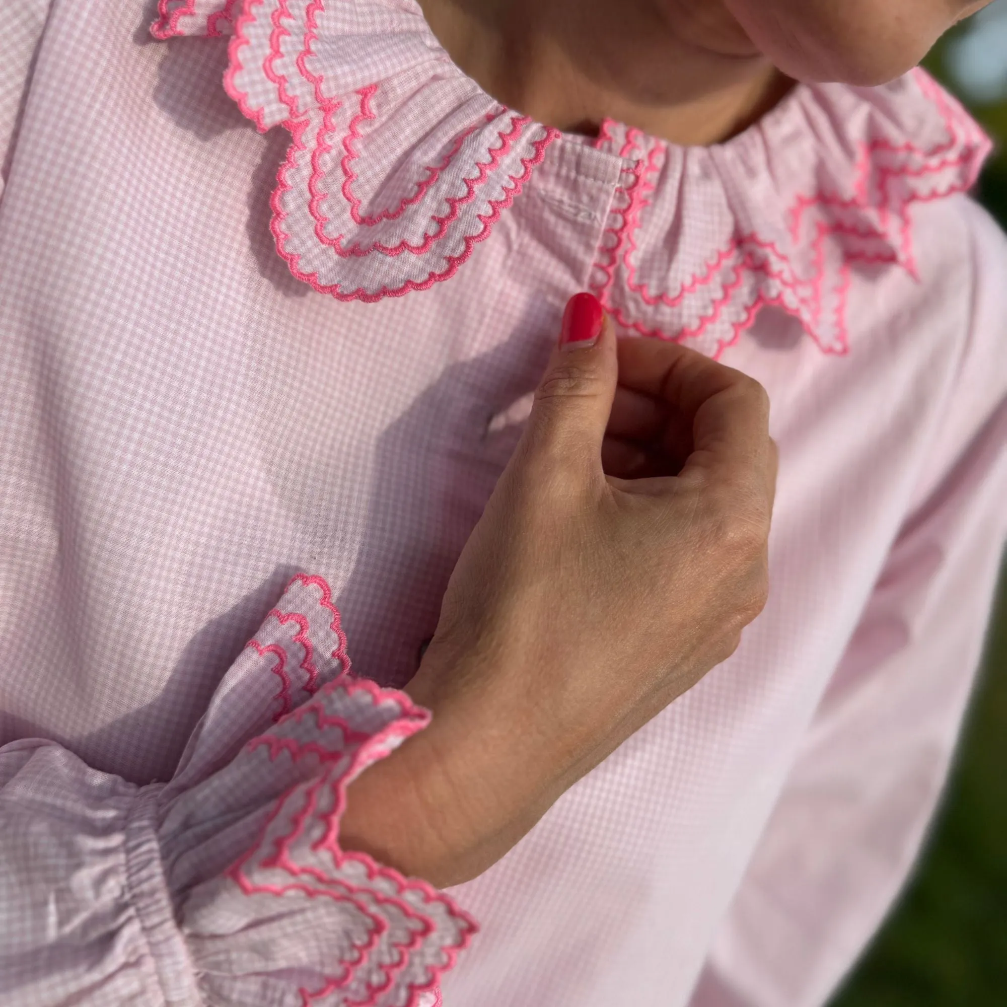 Large Bronte Blouse It’s a Girl Check with Barbilicious Embroidery sold by Smock London product image thumbnail 4