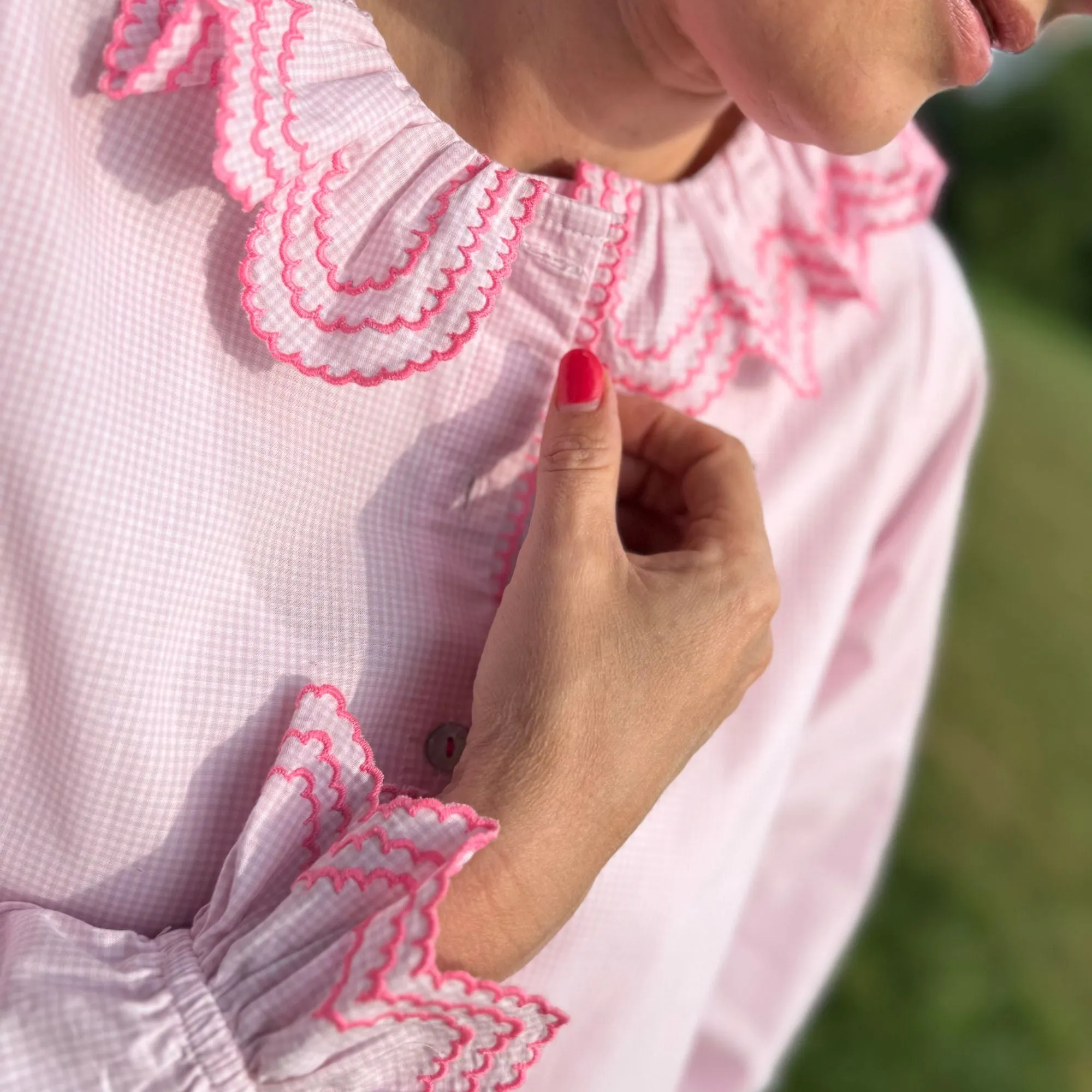 Large Bronte Blouse It’s a Girl Check with Barbilicious Embroidery sold by Smock London product image thumbnail 2