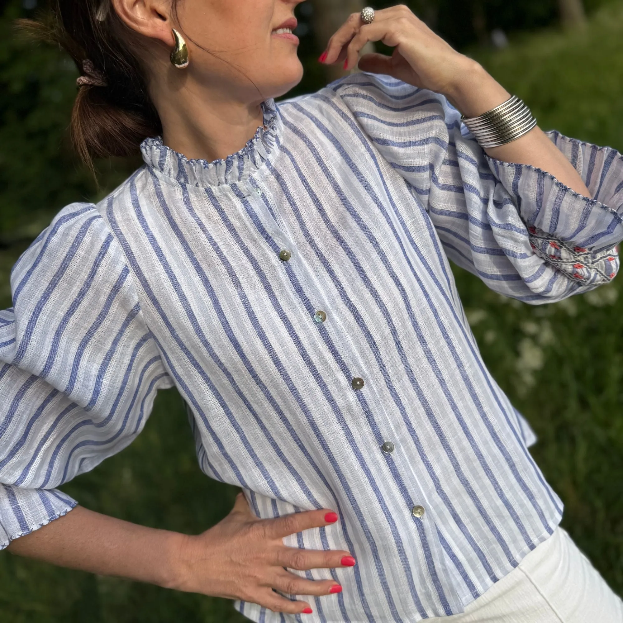 Shelley Blouse Blue Monday Stripe Linen with Paradise Fish Hand Smocking Edition 12 sold by Smock London