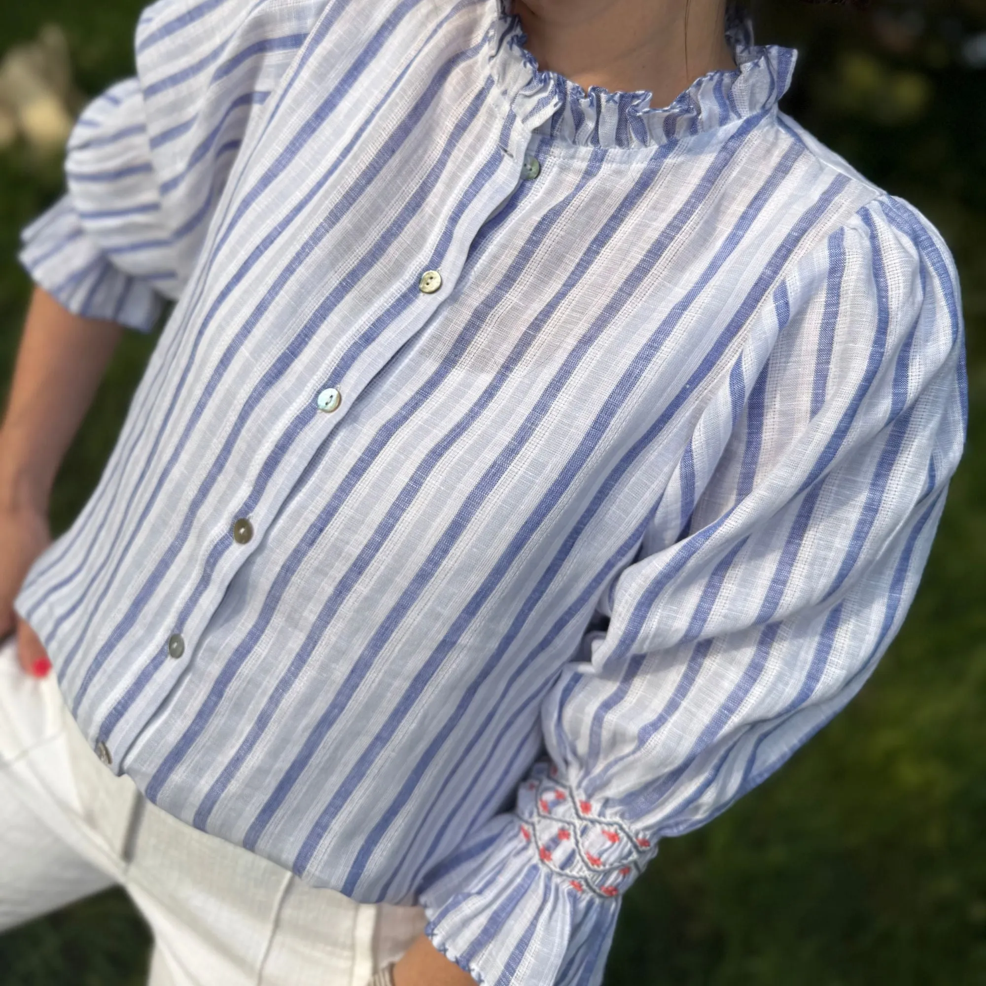 Shelley Blouse Blue Monday Stripe Linen with Paradise Fish Hand Smocking Edition 12 sold by Smock London product image thumbnail 4