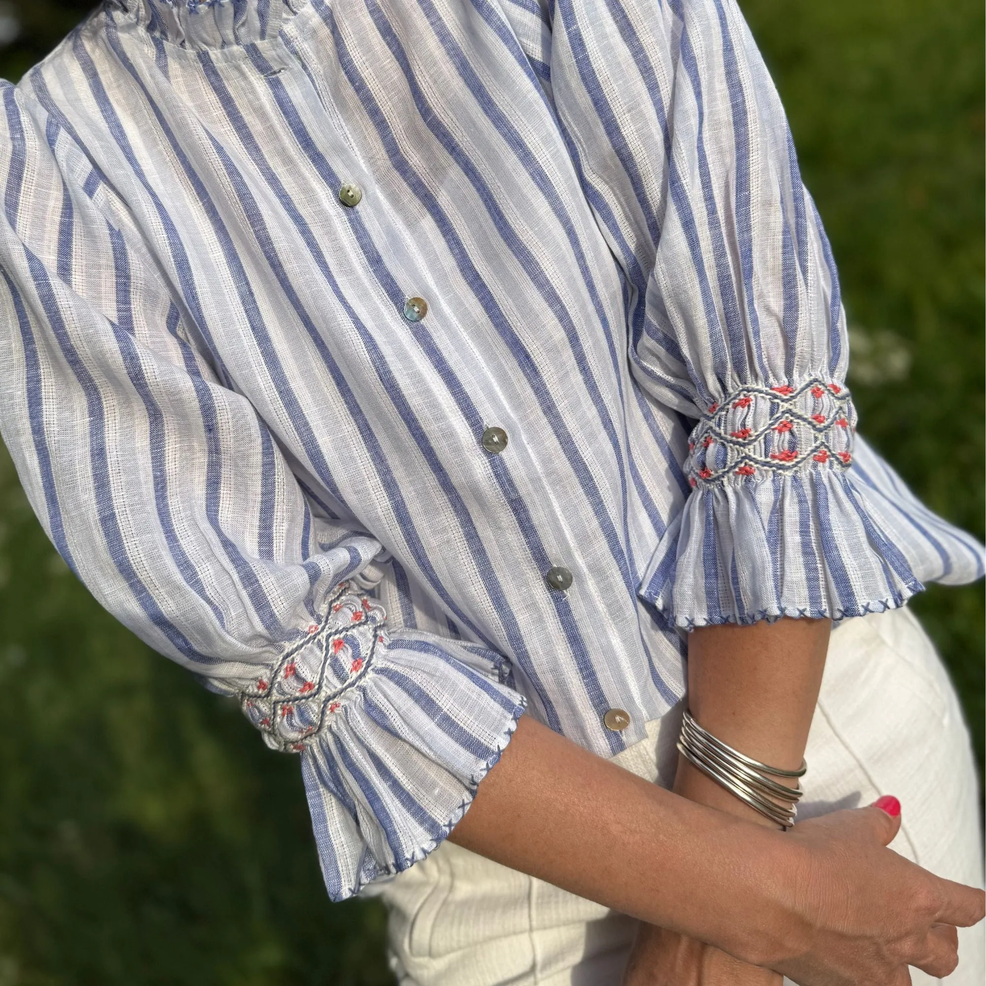 Shelley Blouse Blue Monday Stripe Linen with Paradise Fish Hand Smocking Edition 12 sold by Smock London product image thumbnail 3