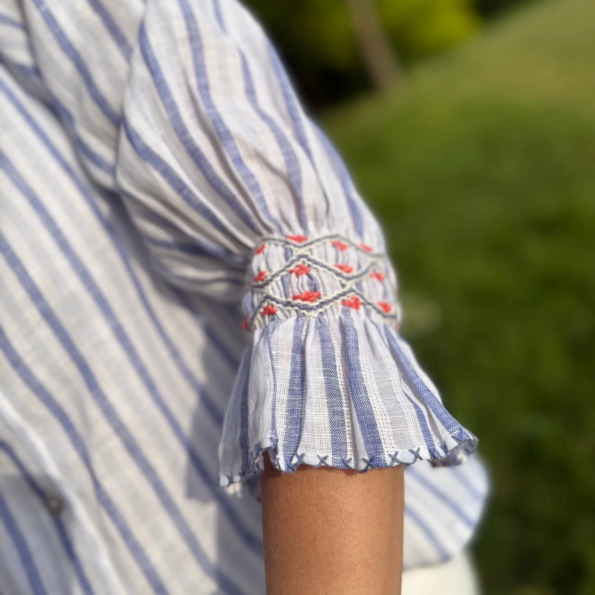 Shelley Blouse Blue Monday Stripe Linen with Paradise Fish Hand Smocking Edition 12 sold by Smock London product image thumbnail 5