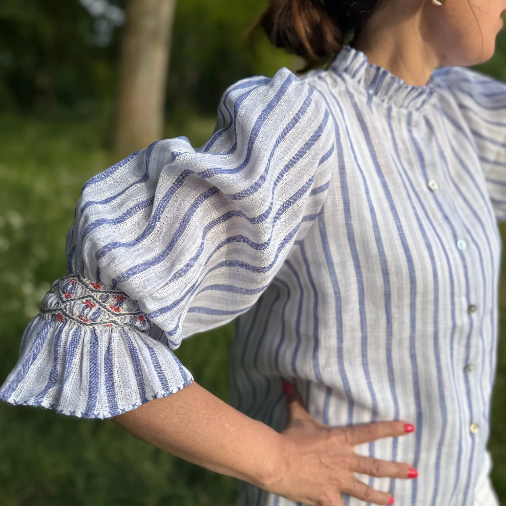 Shelley Blouse Blue Monday Stripe Linen with Paradise Fish Hand Smocking Edition 12 sold by Smock London product image thumbnail 2