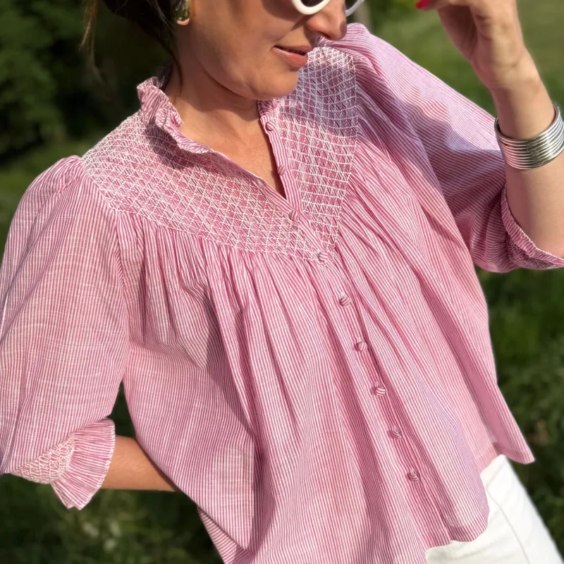 Small Rosa Parks Blouse Cherry Stripe with Summer White Hand Smocking Edition 8 sold by Smock London