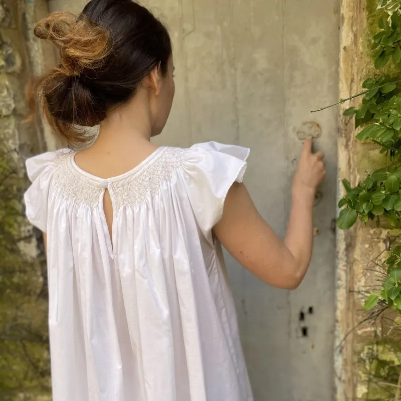 Women's Queen Elizabeth 1st Dress Moonstone Short Flutter Sleeves with Milk Lattice Hand Smocking sold by Smock London