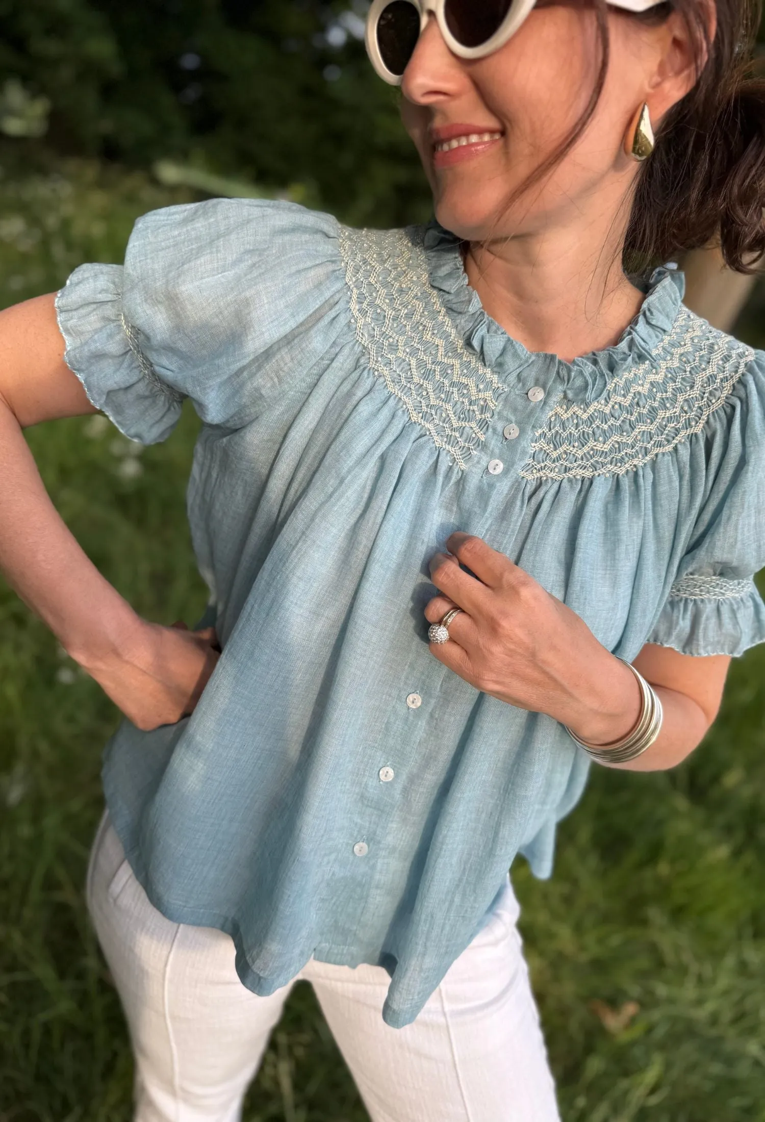 Cleopatra Blouse Prussian Blue Cotton Muslin with Double Cream Hand Smocking Edition 25 sold by Smock London product image thumbnail 3
