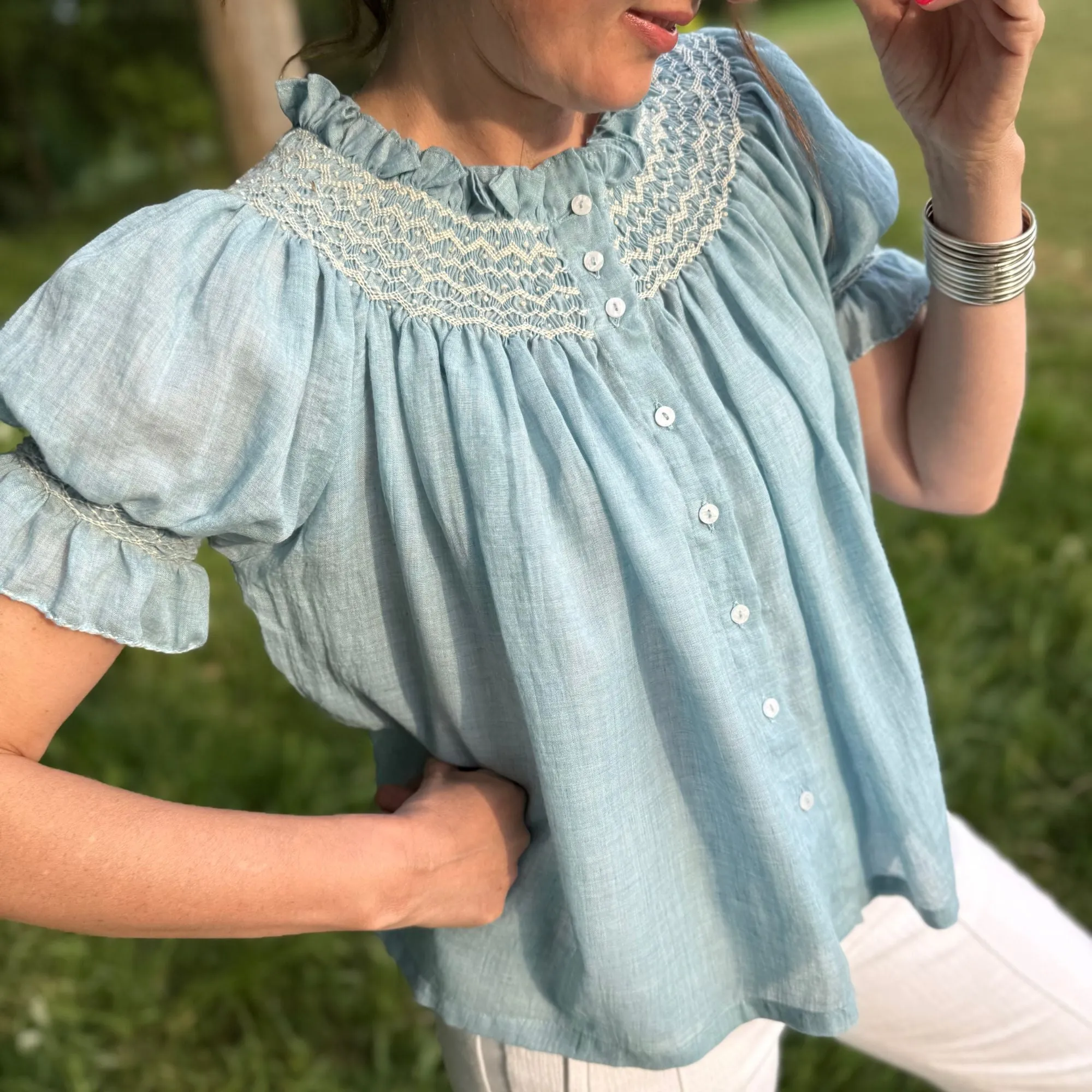 Cleopatra Blouse Prussian Blue Cotton Muslin with Double Cream Hand Smocking Edition 25 sold by Smock London