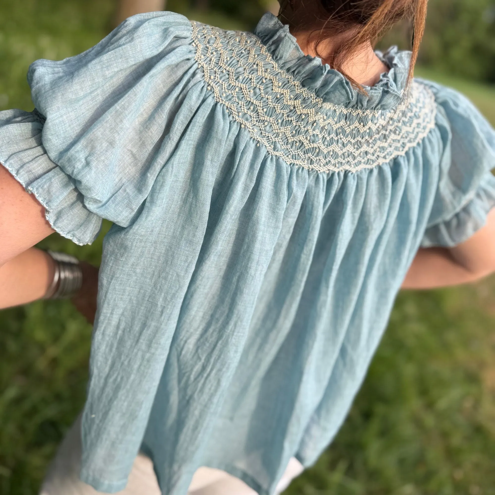 Cleopatra Blouse Prussian Blue Cotton Muslin with Double Cream Hand Smocking Edition 25 sold by Smock London product image thumbnail 2